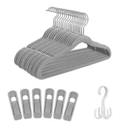 Tinfol 30 Pack Toddler Velvet Hangers, Gray Non-Slip Kids Hangers, Space Saving Felt Baby Hangers With 6 Velvet Hanger Clips And A Rotatable Hook For Children's Dress Pants Skirt, Clothes