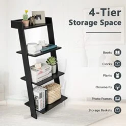 Tangkula 4 Tier Ladder Shelf, Leaning Bookshelf With Solid Wooden Frame, Anti-toppling Device, Anti-falling Baffle, Organizer Shelf, Open Shelving Unit For Home Office, 19.5 X 17.5 X 43 Inches (Black) 15 Tangkula 4 Tier Ladder Shelf, Leaning Bookshelf With Solid Wooden Frame, Anti-toppling Device, Anti-falling Baffle, Organizer Shelf, Open Shelving Unit For Home Office, 19.5 X 17.5 X 43 Inches (Black) -Songmics Furniture Shop 41GelZXQzfL