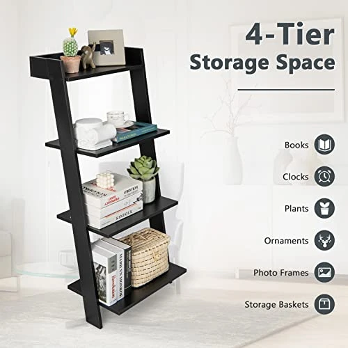 Tangkula 4 Tier Ladder Shelf, Leaning Bookshelf With Solid Wooden Frame, Anti-toppling Device, Anti-falling Baffle, Organizer Shelf, Open Shelving Unit For Home Office, 19.5 X 17.5 X 43 Inches (Black) 7 Tangkula 4 Tier Ladder Shelf, Leaning Bookshelf With Solid Wooden Frame, Anti-toppling Device, Anti-falling Baffle, Organizer Shelf, Open Shelving Unit For Home Office, 19.5 X 17.5 X 43 Inches (Black) - Image 7