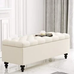 HUIMO Ottoman With Storage, 51-inch Storage Ottoman Bench With Button-Tufted, Bedroom Bench Safety Hinge Ottoman In Upholstered Fabrics, Large Storage Bench For Bedroom, Living Room (Ivory) -Songmics Furniture Shop 41GfXnquZL. AC