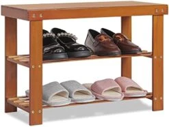 MoNiBloom Bamboo Shoe Bench, 2 Tiers Boots Heels Sneaker Organizer Rack Changing Stool With Seat For Hallway, Entryway, Living Room - Brown (6-8 Pairs) -Songmics Furniture Shop 41GpsSeVsJL. AC