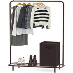 Simple Houseware Clothing Rack With Industrial Pipe And Bottom Shelves, Bronze