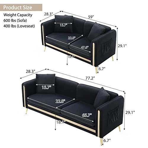 CALABASH 2 Piece Living Room Furniture Sets, Modern Tufted Velvet Sofa Couch And Loveseat With Removable Cushions Side Pocket And 4 Pillows For Bedroom Apartment(Black, 2+3 Seat) 2 CALABASH 2 Piece Living Room Furniture Sets, Modern Tufted Velvet Sofa Couch And Loveseat With Removable Cushions Side Pocket And 4 Pillows For Bedroom Apartment(Black, 2+3 Seat) - Image 2