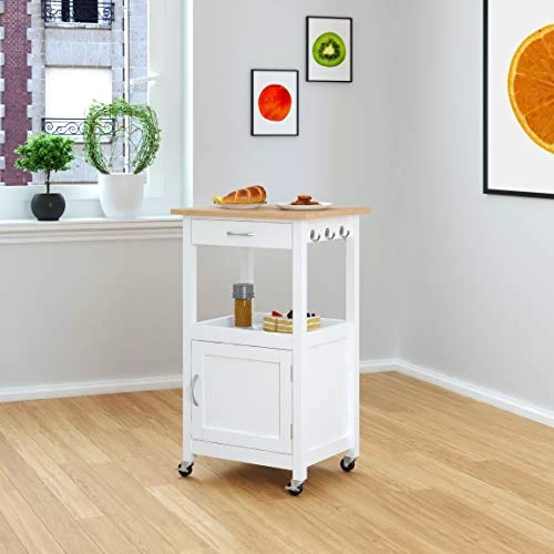 EHemco Kitchen Island Cart On Wheels With Drawer, Storage Cabinet, Shelf And Natural Solid Hardwood Top, White Base 2 EHemco Kitchen Island Cart On Wheels With Drawer, Storage Cabinet, Shelf And Natural Solid Hardwood Top, White Base - Image 2