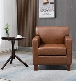 ANOUR Mid Century Modern Accent Chairs,Faux Leather Living Room Chairs With Wooden Legs,Single Sofa Chairs,Upholstered Arm Chairs For Living Room,Bedroom-Brown