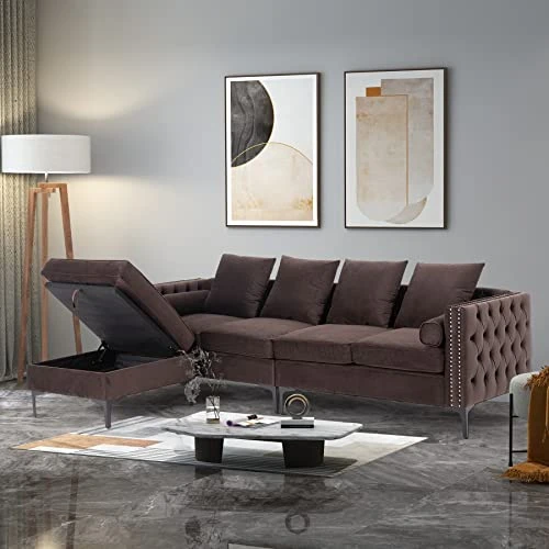 HOMREST Dutch Velvet 4-Seat Sectional Sleeper Sofa Set With Storage Ottoman, L-Shaped Couch Bed For Living Room Coffee 1 HOMREST Dutch Velvet 4-Seat Sectional Sleeper Sofa Set With Storage Ottoman, L-Shaped Couch Bed For Living Room Coffee