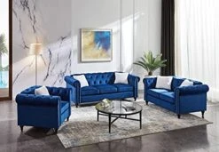 3-Piece Velvet Upholstered Living Room Furniture Set, Including 3-Seater Sofa, Loveseat And Single Sofa Chair With Button And Copper Nail On Arms And Back, Five White Villose Pillows Included, Blue -Songmics Furniture Shop 41HOM0mtDHL. AC
