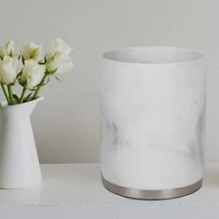Nu Steel Misty Silver Wastebasket Trash Bin In Resin Marble & Stainless Steel For Bathrooms & Vanity Spaces -Songmics Furniture Shop 41HYSetsYJL