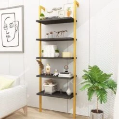 Recaceik 5 Tier Ladder Bookshelf With Storage, Open Wall Mount Bookcase Wooden Ladder Shelf Organizer With Metal Frame, Display Storage Rack Shelves Plant Flower For Living Room, Bedroom -Songmics Furniture Shop 41Hc3eImaTL. AC