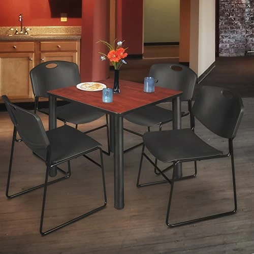 Kee 36" Square Breakroom Table- Cherry/ Black & 4 Zeng Stack Chairs- Black 2 Kee 36" Square Breakroom Table- Cherry/ Black & 4 Zeng Stack Chairs- Black - Image 2