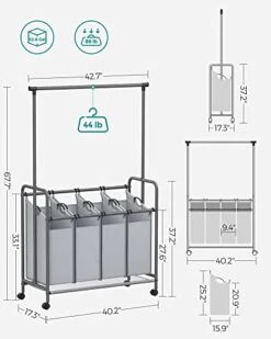 SONGMICS 4-Section Laundry Sorter, Rolling Laundry Hamper With Hanging Bar, Heavy-Duty Laundry Basket, Lockable Wheels Hampers For Laundry, 4 X 13.2 Gal., Gray URLS44GS -Songmics Furniture Shop 41Hl1sijt2L