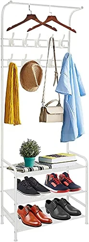 Coat Rack Shoe Bench With 16 Hooks, Metal Entryway Storage Shelf Coat Rack Stand With 3-Tier Shoe Rack, Entryway Organiser Coat Hat Stand For Hall, 3-in-1 Hall Tree With Metal Frame, Easy Assembly