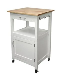 EHemco Kitchen Island Cart On Wheels With Drawer, Storage Cabinet, Shelf And Natural Solid Hardwood Top, White Base