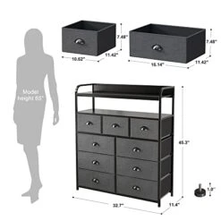 EnHomee Dresser For Bedroom With 9 Drawers, Tall Dressers For Bedroom With Shelves, Fabric Storage Dressers & Chest Of Drawers For Bedroom, Storage Tower Organizer, Grey 11.42" D X 32.7" W X 45.3" H