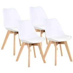 LSSBOUGHT Modern Style Dining Chairs,Shell Lounge Plastic Chair With Soft Padded Seat And Solid Wooden Legs Set Of 4 (White)
