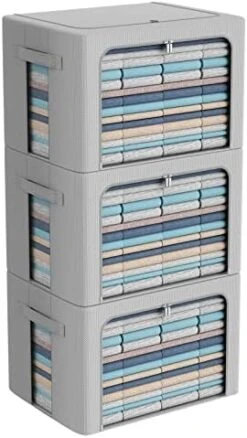 3Pack Frame Storage Box - Clothes Storage Bin Bags Oxford Fabric Foldable Stackable Container Organizer Set With Clear Window & Carry Handles Large Capacity (Grey, Large-66L) -Songmics Furniture Shop 41IS2PnaerL. AC