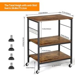 Kitchen Island With Storage, 3 Tier Kitchen Cart With Wheels Microwave Oven Stand Industrial Rolling Utility Cart Bakers Rack With 10 Hooks And Adjustable Shelves For Living Room, Wood, Rustic Brown -Songmics Furniture Shop 41IaOGOY3bL