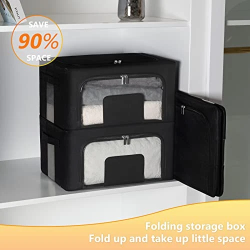 FAikhom 3 Pack Stackable Storage Bins- Foldable Metal Frame Storage Box Stackable Fabric Clothes Container Organizer With Clear Window & Carry Handles (22L, Black) 4 FAikhom 3 Pack Stackable Storage Bins- Foldable Metal Frame Storage Box Stackable Fabric Clothes Container Organizer With Clear Window & Carry Handles (22L, Black) - Image 4
