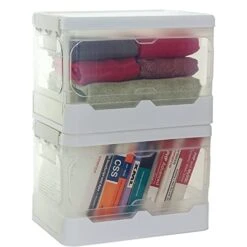 EZOWare 16 Quart Folding Plastic Storage Latch Box Basket With Lids, Stackable Lidded Organizer Container Bins - Set Of 2, White / Clear