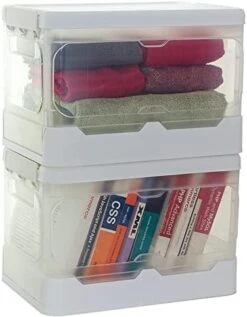 EZOWare 16 Quart Folding Plastic Storage Latch Box Basket With Lids, Stackable Lidded Organizer Container Bins - Set Of 2, White / Clear -Songmics Furniture Shop 41IfvCF4HWL. AC
