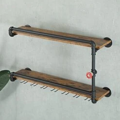 BOTAOYIYI Wine Rack Wall Mounted 2 Tier, Hanging Floating Bar Liquor Shelves With Glass Holder Storage Under, Industrial Rustic Pipe Farmhouse Kitchen Decor Black(35.4x10.6x19.7) -Songmics Furniture Shop 41IgoQsRyUL