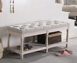 Chairus Shoe Rack Bench Storage Vintage Bedroom Padded Bench Seat End Of Bed, Fabric Tufted Farmhouse French Entryway Bench With Wood Legs For Hallway Foyer, Beige