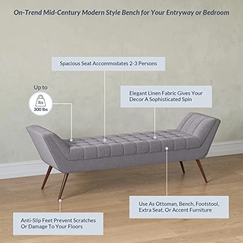 BELLEZE 63 Inch Mid Century Modern Ottoman, Contemporary Upholstered Linen Fabric Bench With Wood Legs, Accent Furniture For Living Room, Bedroom, Entryway - Moreno (Grey) 4 BELLEZE 63 Inch Mid Century Modern Ottoman, Contemporary Upholstered Linen Fabric Bench With Wood Legs, Accent Furniture For Living Room, Bedroom, Entryway - Moreno (Grey) - Image 4
