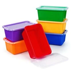 GAMENOTE Multicolor Storage Bins With Lids - 5 Qt 12 Pack Small Cubby Bins Stackable Plastic Containers For Classroom Book Bin Toy Organizers (12× 7.2 × 5.1 Inches)