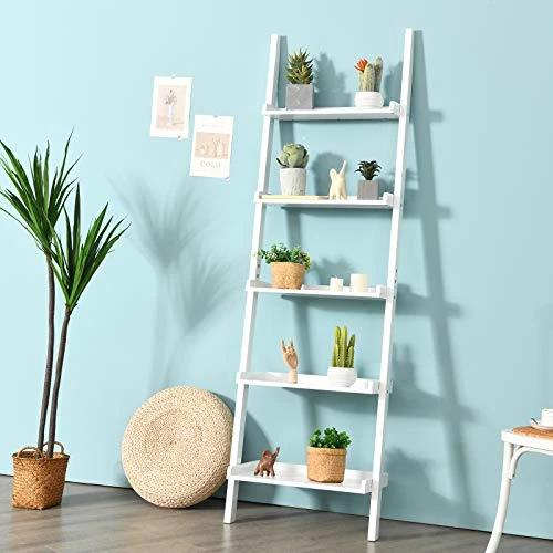 Tangkula 5-Tier Ladder Shelf, Wall-Leaning Bookshelf W/Open Shelves, Plant Flower Stand, Storage Display Organizer Rack, Multifunctional Bookcase For Living Room Home Office (White) 2 Tangkula 5-Tier Ladder Shelf, Wall-Leaning Bookshelf W/Open Shelves, Plant Flower Stand, Storage Display Organizer Rack, Multifunctional Bookcase For Living Room Home Office (White) - Image 2