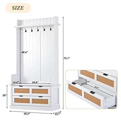 LOVMOR Vintage Style Hall Tree With Bench, Coat Rack With 5 Metal Hooks And 2 Large Rattan Element Drawers, Wooden Hallway Organizer With Storage Bench And Metal Drawer Handles, White 2 LOVMOR Vintage Style Hall Tree With Bench, Coat Rack With 5 Metal Hooks And 2 Large Rattan Element Drawers, Wooden Hallway Organizer With Storage Bench And Metal Drawer Handles, White - Image 2
