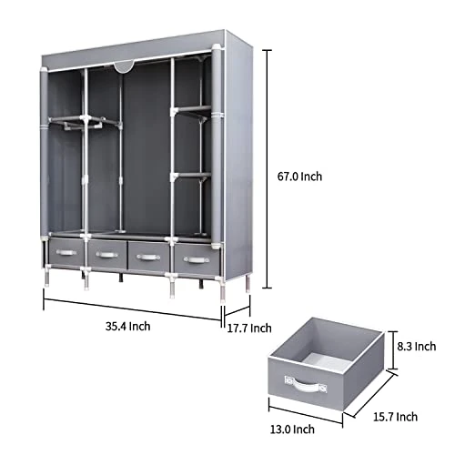 ASSICA Portable Clothes Closet Rolling Door Wardrobe With Hanging Rack Non-Woven Fabric Storage Organizer With Four Drawer Boxes No-Tool Assembly - 59.0 X 17.7 X 67.0 ‘’ (Gray) 2 ASSICA Portable Clothes Closet Rolling Door Wardrobe With Hanging Rack Non-Woven Fabric Storage Organizer With Four Drawer Boxes No-Tool Assembly - 59.0 X 17.7 X 67.0 ‘’ (Gray) - Image 2
