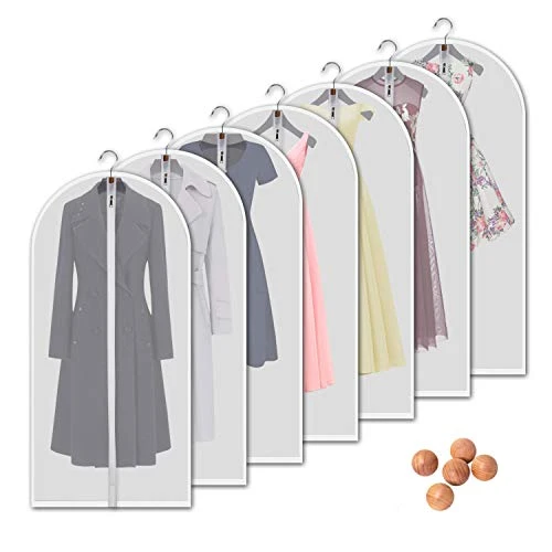 VOSIGREEN Hanging Garment Bags 7 Piece Set - 60 Inch Translucent Dust Proof Clothes Bag White Breathable Full Zipper Dust Cover For Suit Dance Costumes Gown Dress. 1 VOSIGREEN Hanging Garment Bags 7 Piece Set - 60 Inch Translucent Dust Proof Clothes Bag White Breathable Full Zipper Dust Cover For Suit Dance Costumes Gown Dress.
