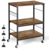 Kitchen Island With Storage, 3 Tier Kitchen Cart With Wheels Microwave Oven Stand Industrial Rolling Utility Cart Bakers Rack With 10 Hooks And Adjustable Shelves For Living Room, Wood, Rustic Brown