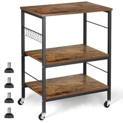 Kitchen Island With Storage, 3 Tier Kitchen Cart With Wheels Microwave Oven Stand Industrial Rolling Utility Cart Bakers Rack With 10 Hooks And Adjustable Shelves For Living Room, Wood, Rustic Brown