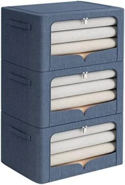 3 Pack Clothes Storage Bins - Foldable Metal Frame Storage Box - Stackable Linen Fabric Organizer Set With Carrying Handles And Clear Window (Beige, 19.7x15.7x12.6inch(66L)) -Songmics Furniture Shop 41JjdkNShdL. AC