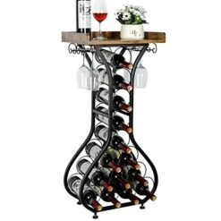 X-cosrack 14 Bottles Wine Rack Freestanding Floor Wine Storage Table Wine Holder Stand With Glass Holder Adjustable Feet Wood Top 35.4" H