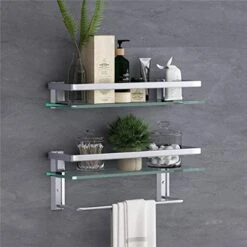 VOLPONE Glass Bathroom Shelf 15.7in Bathroom Shelf Wall Mounted Floating Glass Shelves With Towel Holder Glass Shower Shelf 2 Tier (Sliver)