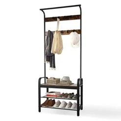 Entryway Coat Rack With Shoe Storage, Hall Tree With Bench, Coat Rack With 9 Removable Hooks And A Hanging Rod, Entryway Shoe Rack Organizer With Metal Frame 28.1*13.7*72.1 Inches (Rustic Brown)