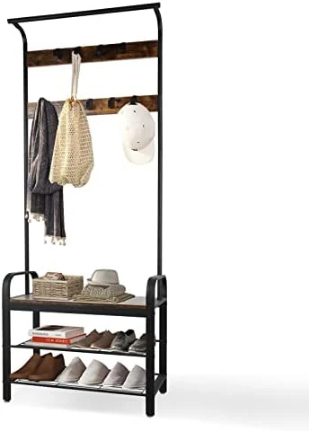 Entryway Coat Rack With Shoe Storage, Hall Tree With Bench, Coat Rack With 9 Removable Hooks And A Hanging Rod, Entryway Shoe Rack Organizer With Metal Frame 28.1*13.7*72.1 Inches (Rustic Brown) 6 Entryway Coat Rack With Shoe Storage, Hall Tree With Bench, Coat Rack With 9 Removable Hooks And A Hanging Rod, Entryway Shoe Rack Organizer With Metal Frame 28.1*13.7*72.1 Inches (Rustic Brown) - Image 6
