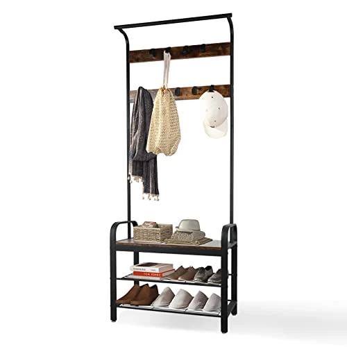 Entryway Coat Rack With Shoe Storage, Hall Tree With Bench, Coat Rack With 9 Removable Hooks And A Hanging Rod, Entryway Shoe Rack Organizer With Metal Frame 28.1*13.7*72.1 Inches (Rustic Brown) 1 Entryway Coat Rack With Shoe Storage, Hall Tree With Bench, Coat Rack With 9 Removable Hooks And A Hanging Rod, Entryway Shoe Rack Organizer With Metal Frame 28.1*13.7*72.1 Inches (Rustic Brown)