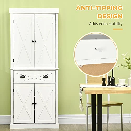 HOMCOM Freestanding Modern Farmhouse 4 Door Kitchen Pantry Cabinet, Storage Cabinet Organizer With 6-Tiers, 1 Drawer And 4 Adjustable Shelves, White 1 HOMCOM Freestanding Modern Farmhouse 4 Door Kitchen Pantry Cabinet, Storage Cabinet Organizer With 6-Tiers, 1 Drawer And 4 Adjustable Shelves, White