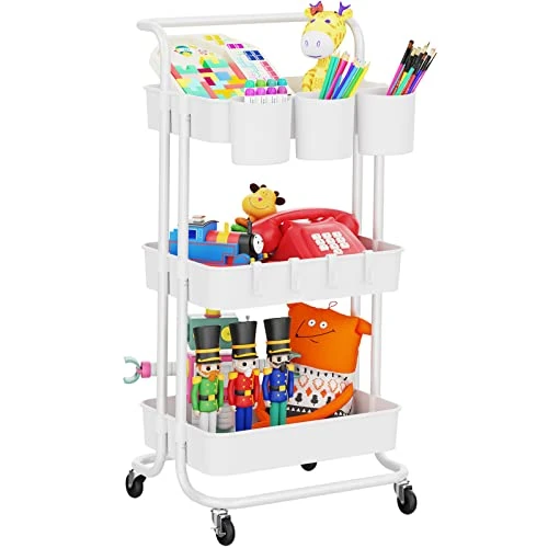 LEHOM 3-Tier Rolling Utility Cart With Hanging Cups & Hooks & Handle, Multifunctional Art Cart Organizer Storage With Wheels, Easy Assembly For Office, Bedroom, Kitchen, Bathroom, Laundry (White) 1 LEHOM 3-Tier Rolling Utility Cart With Hanging Cups & Hooks & Handle, Multifunctional Art Cart Organizer Storage With Wheels, Easy Assembly For Office, Bedroom, Kitchen, Bathroom, Laundry (White)