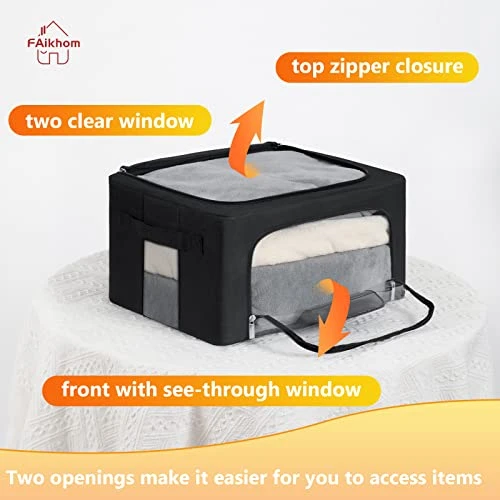 FAikhom 3 Pack Stackable Storage Bins- Foldable Metal Frame Storage Box Stackable Fabric Clothes Container Organizer With Clear Window & Carry Handles (22L, Black) 3 FAikhom 3 Pack Stackable Storage Bins- Foldable Metal Frame Storage Box Stackable Fabric Clothes Container Organizer With Clear Window & Carry Handles (22L, Black) - Image 3