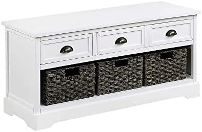 SOFTSEA Oragnizer Storage Bench With 3 Drawers Home Collection Entryway Bench With 3 Rattan Baskets And Removable Cushion For Hallway, Living Room, Shoe Bench Full Assemble(White) 15 SOFTSEA Oragnizer Storage Bench With 3 Drawers Home Collection Entryway Bench With 3 Rattan Baskets And Removable Cushion For Hallway, Living Room, Shoe Bench Full Assemble(White) - Image 15