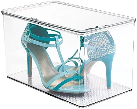 MDesign Stackable Plastic Closet Storage Container Bin Box With Hinge Lid For Organizing Shoes, Booties, Pumps, Sandals, Wedges, Flats, Heels - Lumiere Collection - Clear 9 MDesign Stackable Plastic Closet Storage Container Bin Box With Hinge Lid For Organizing Shoes, Booties, Pumps, Sandals, Wedges, Flats, Heels - Lumiere Collection - Clear - Image 9