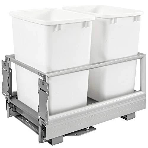 Rev-A-Shelf 5149-18DM-211 Double 35 Quart Pull Out Kitchen Cabinet Waste Container Storage With Trash Can, Wire Basket, And Rev-A-Motion, White 1 Rev-A-Shelf 5149-18DM-211 Double 35 Quart Pull Out Kitchen Cabinet Waste Container Storage With Trash Can, Wire Basket, And Rev-A-Motion, White