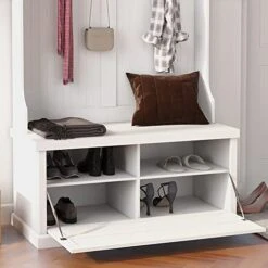 RASOO Hall Tree With Storage Bench And Coat Rack With 4 Double Hooks And Anti-Topple Anchor Shoe Storage Bench With Adjustable Shoe Cabinet Shelves, White 40.16"X18.5"X64.57" -Songmics Furniture Shop 41Ku3EKJQuL