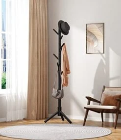 KSKSPE Wooden Coat Rack, Coat Rack Stand With 3 Height Options And 8 Hooks, Sturdy Freestanding Coat Rack For Clothes/Bags/Hats, Coat Rack For Home/Office/Entryway/Hallway (Black)