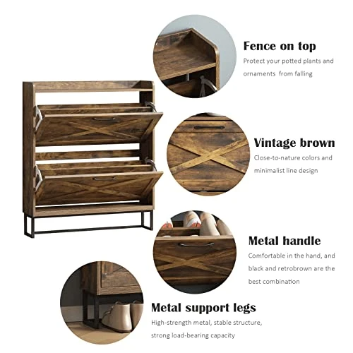 Maupvit Shoe Cabinet With 2 Flip Drawers, Freestanding Shoe Cabinet Organizer With Metal Legs, Shoes Storage Cabinet For Entryway, Narrow Shoe Rack Cabinet, Rustic Brown 4 Maupvit Shoe Cabinet With 2 Flip Drawers, Freestanding Shoe Cabinet Organizer With Metal Legs, Shoes Storage Cabinet For Entryway, Narrow Shoe Rack Cabinet, Rustic Brown - Image 4