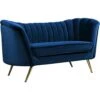Meridian Furniture Margo Collection Modern | Contemporary Velvet Upholstered Loveseat With Deep Channel Tufting And Rich Gold Stainless Steel Legs, Navy, 65" W X 30" D X 33" H